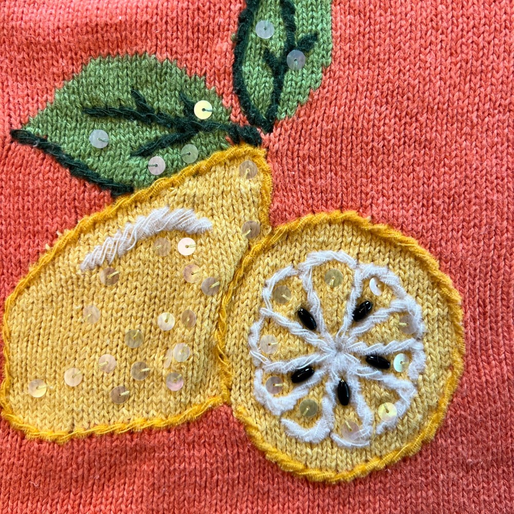 Quacker Factory Knit Top Ramie Cotton Lemon Applique Cottagecore Orange M - Picture 9 of 9